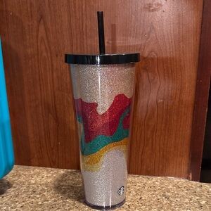 Starbucks Glitter Tumbler with Red, Green, and Gold Waves